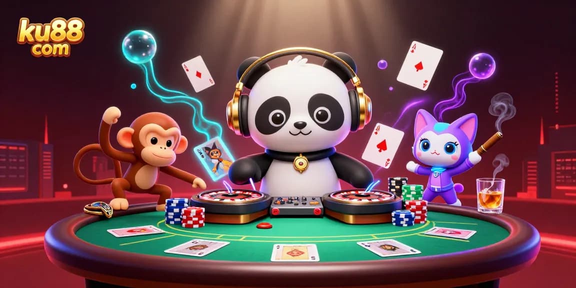 Engage with ku88 com's vibrant casino illustration featuring a DJ panda, a dancing monkey, and an energetic kitten.