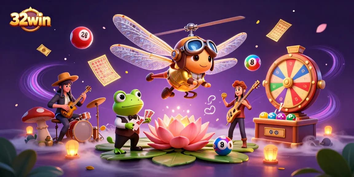 Experience the thrill of 32win at a vibrant lily pad casino, with engaging characters and dynamic lottery elements.