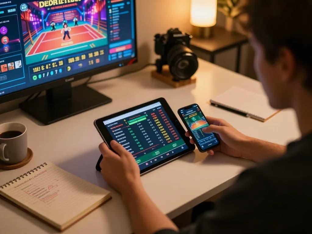 Engaged in sports betting through sun win app on tablet while reviewing strategies