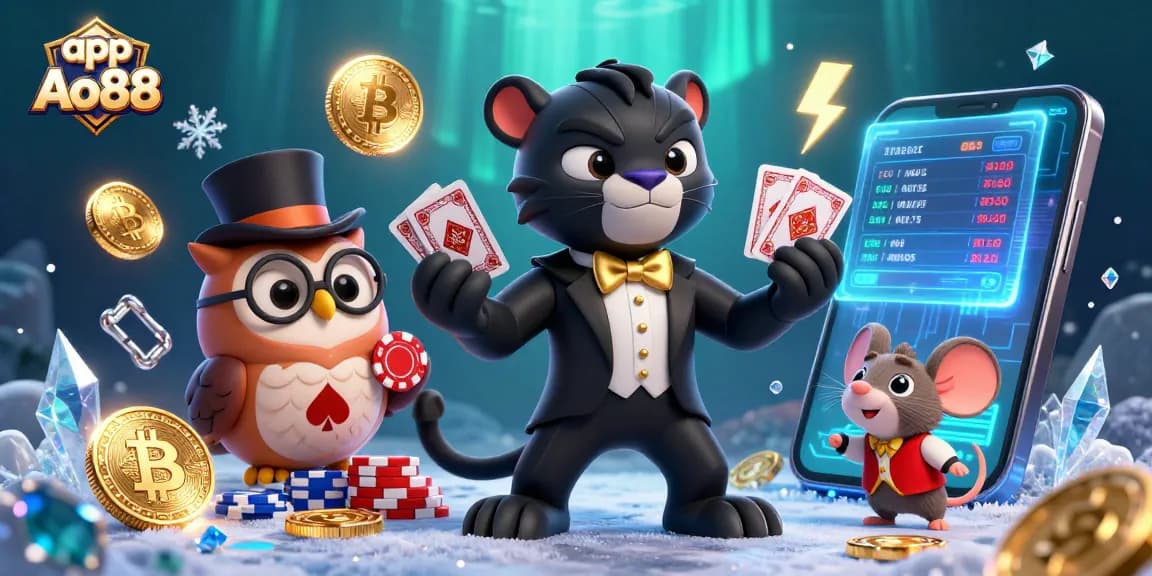 Experience the thrill of gaming with the app Ao88 featuring vibrant casino characters and crypto elements.