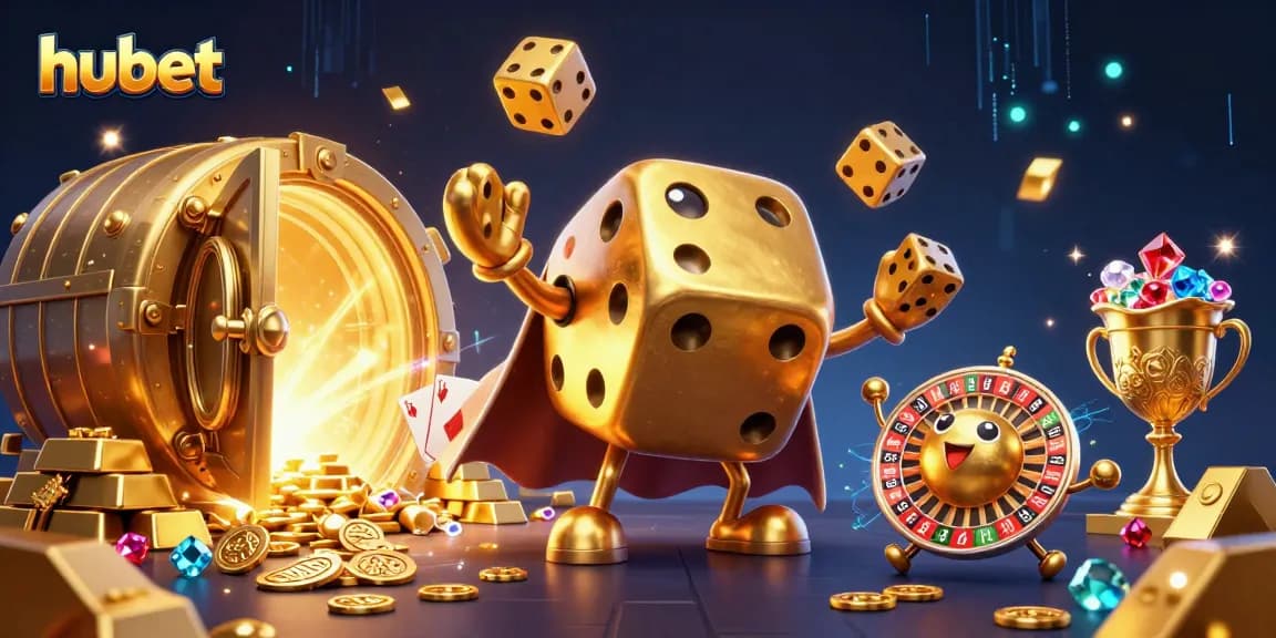 Experience the excitement of hubet with a vibrant 3D digital illustration showcasing golden dice and casino elements.