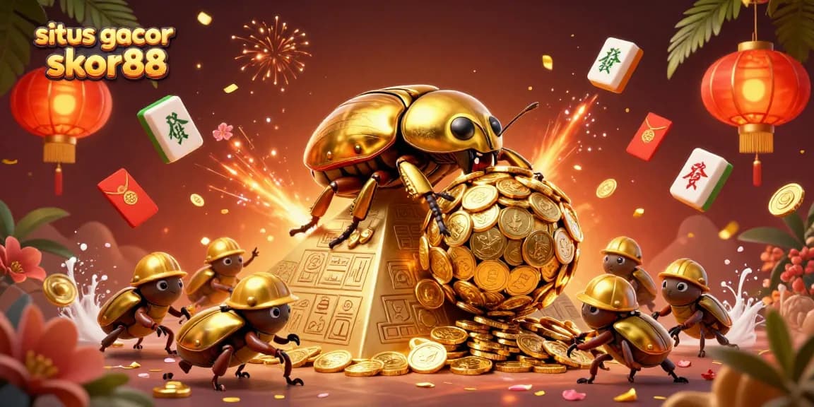 Situs gacor skor88 offers thrilling experiences with a golden dung beetle rolling coins amidst vibrant casino symbols.