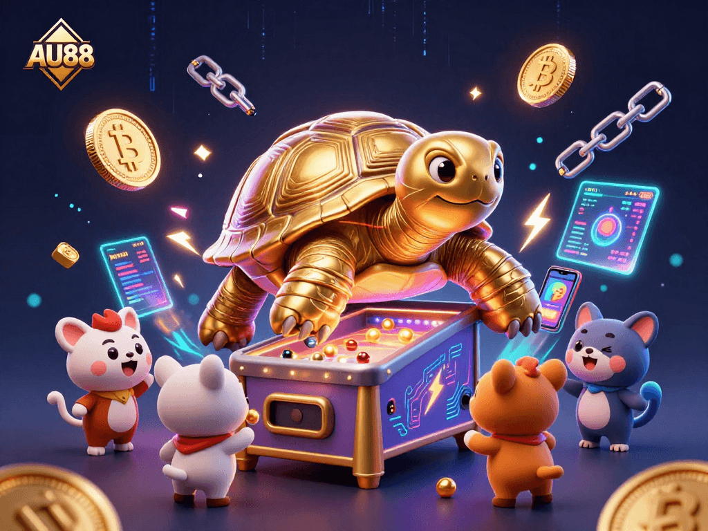 Play exciting games at AU88 with a colossal tortoise pinball machine and vibrant crypto elements.