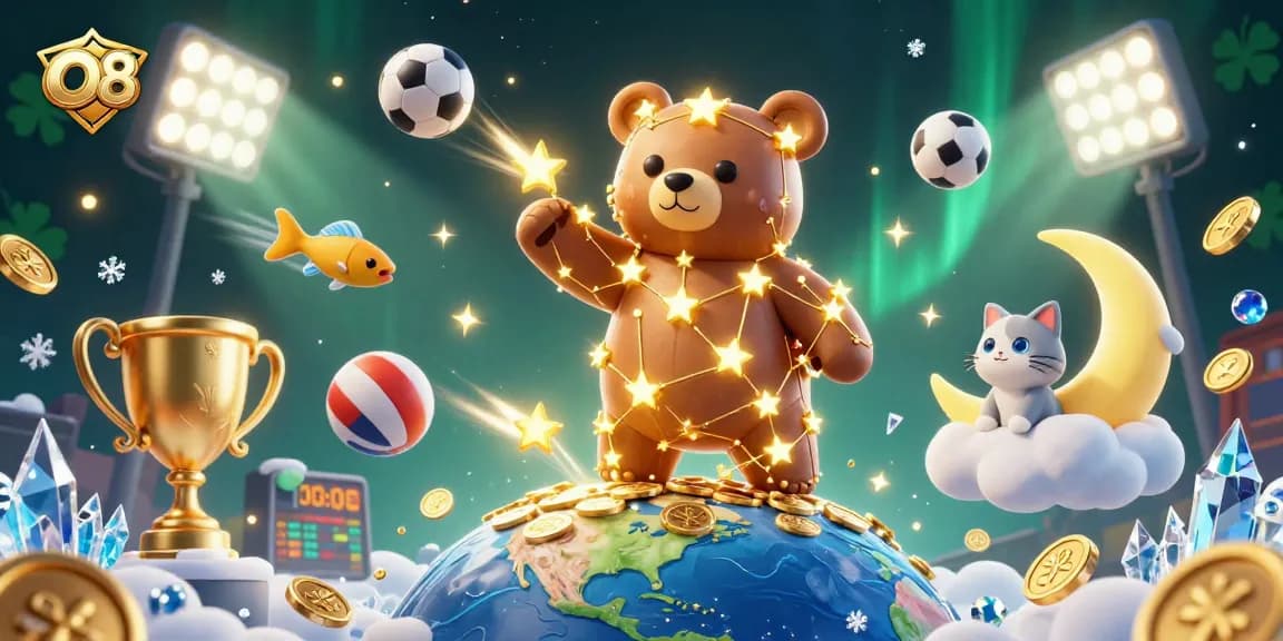 Experience O8's exciting casino adventure with shooting star companions scooping coins in a vibrant 3D illustration.