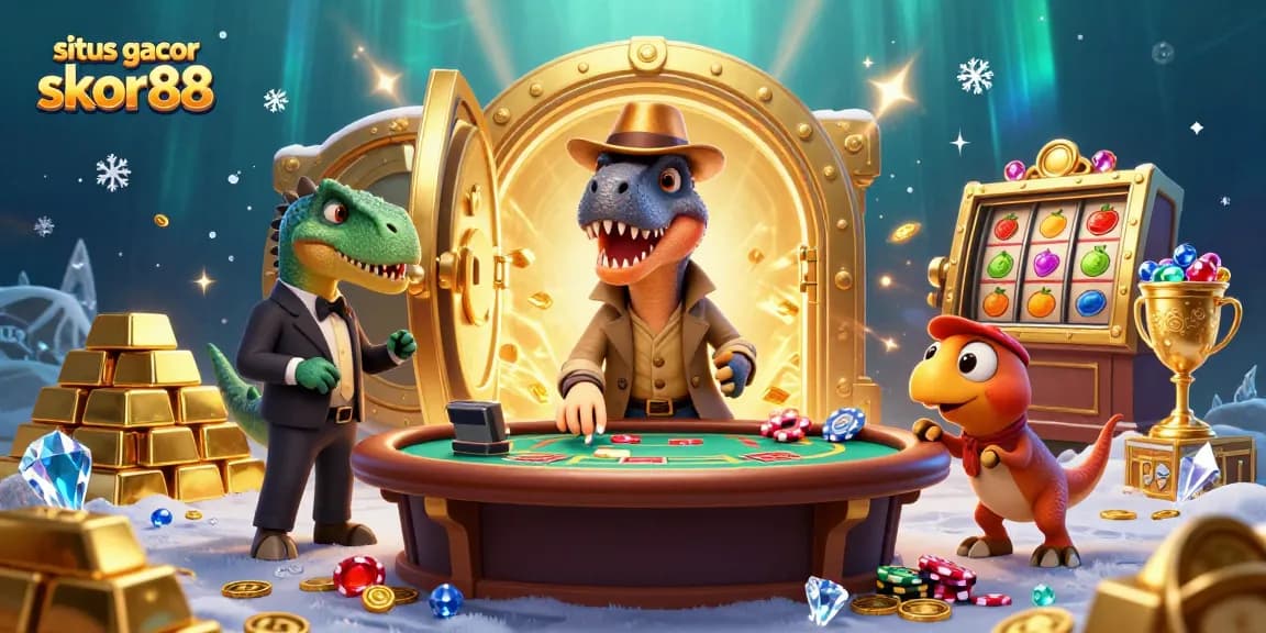 Engage with situs gacor skor88 at the vibrant blackjack table, featuring playful dinosaurs in a dynamic casino scene.