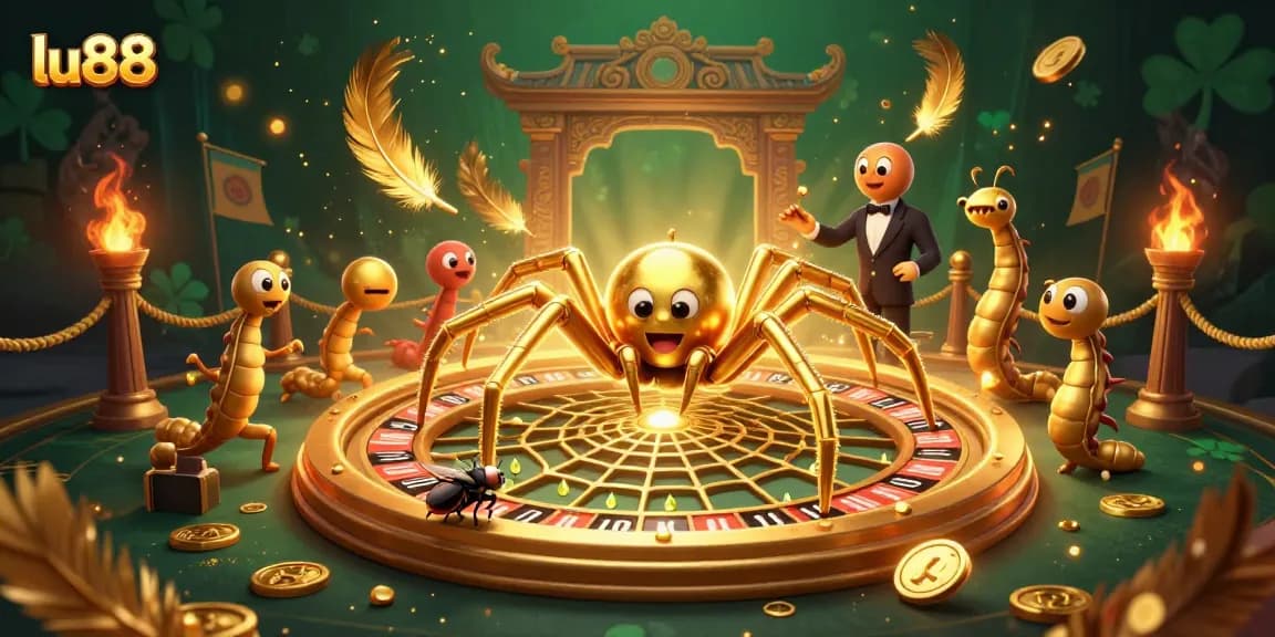 Place bets with lu88 featuring a golden spider roulette web and animated characters.