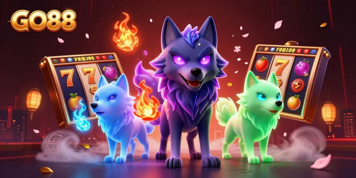 Spin to win at GO88 with an exciting 3D illustration featuring vibrant game elements and mystical characters.