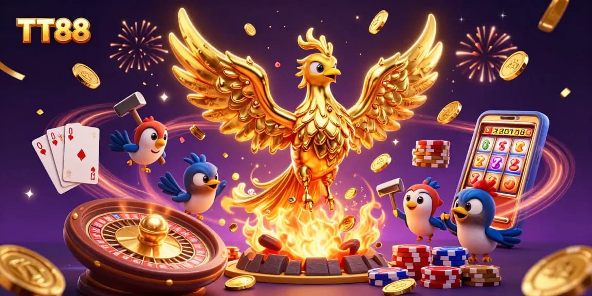 Engage with TT88's dazzling casino games featuring golden phoenix and vibrant elements.