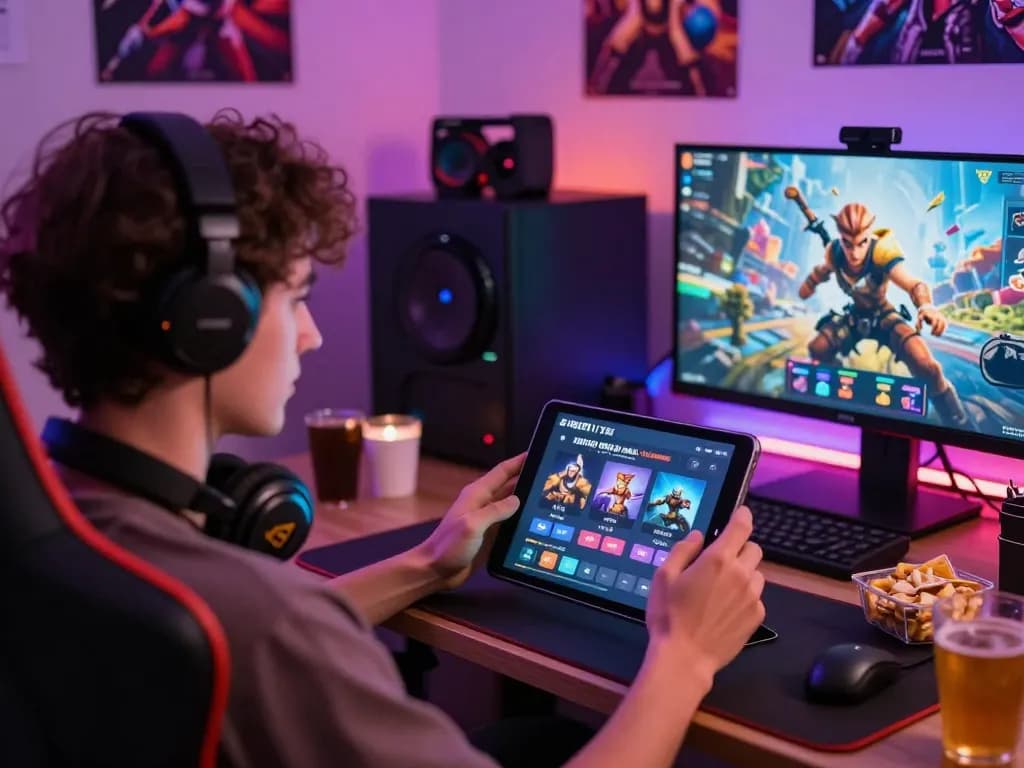 Player enjoying html porn games on a tablet with cozy gaming setup and ambient lighting.