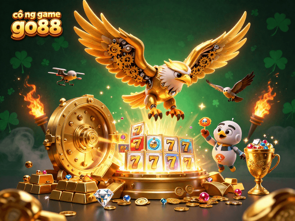 Engage in the thrills of cổng game go88 with a vibrant 3D illustration showcasing cybernetic eagle and treasures.