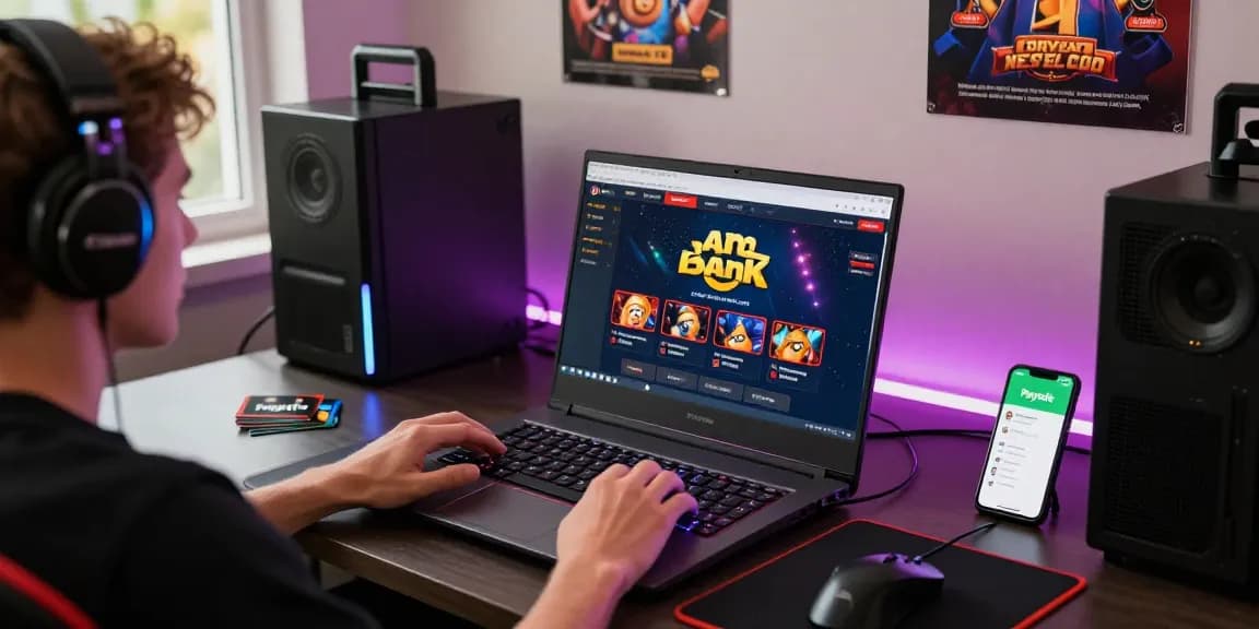 Ansprechende Szene eines Spielers in einem Paysafe Card Casino, das lebendige Gaming-Zubehör und die Paysafe-App auf einem Smartphone zeigt.
