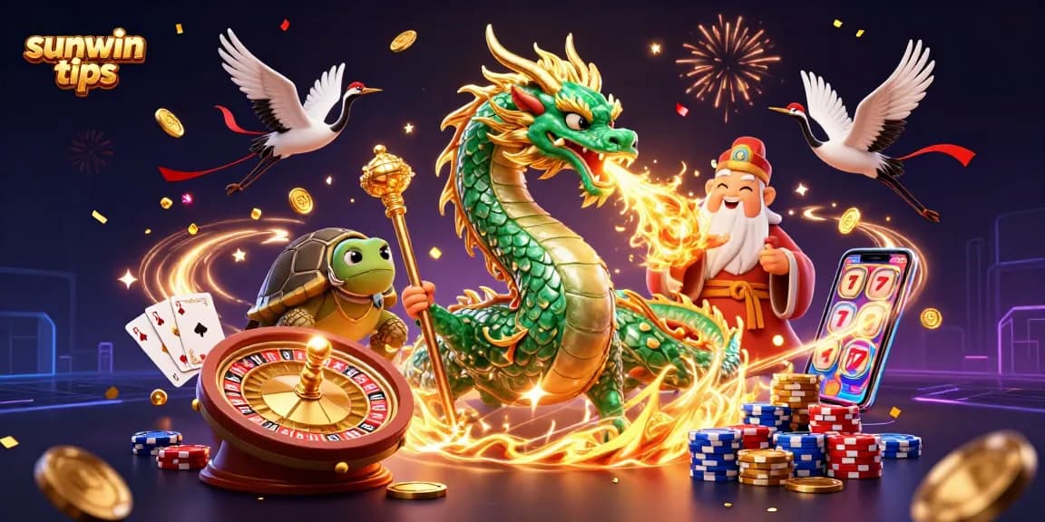 Experience casino excitement with sunwin tips featuring a jade dragon and lucky symbols bursting with winnings.