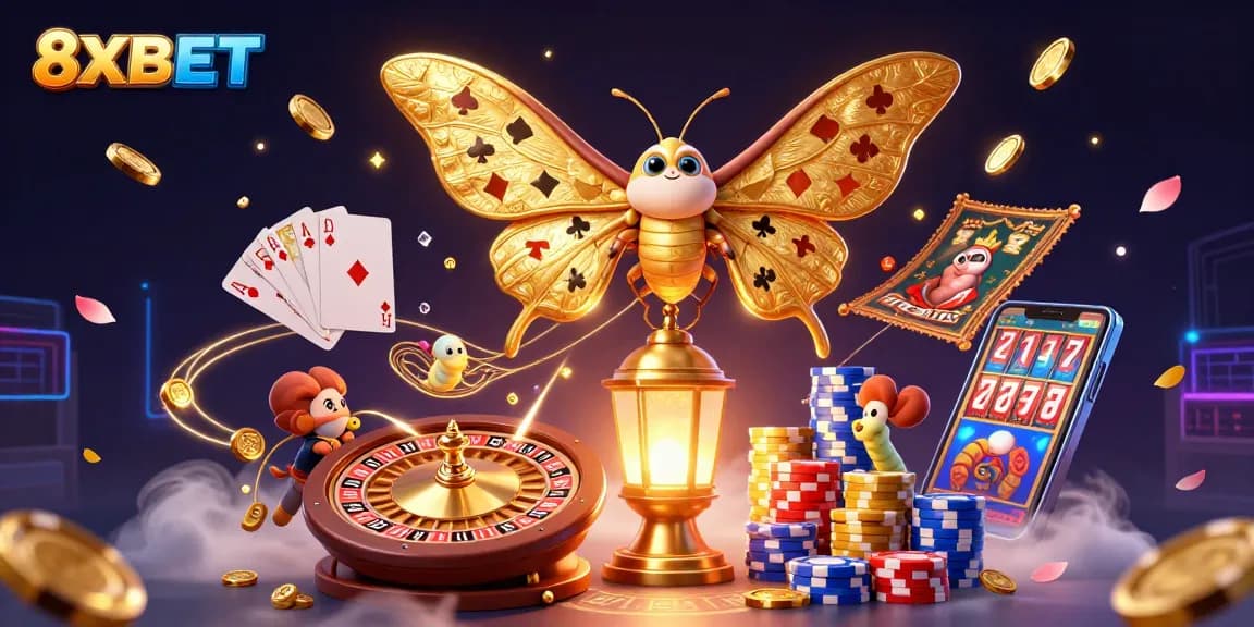 Experience the excitement of 8XBET with a vibrant 3D illustration of a casino scene featuring dynamic game elements.