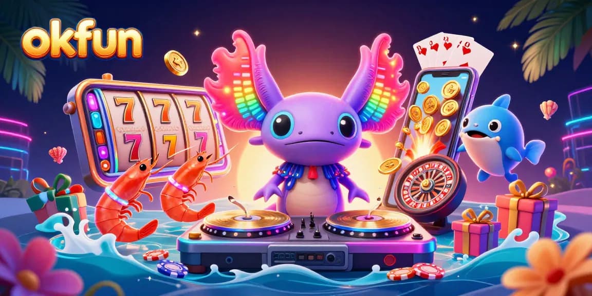 Play colorful slot games with okfun featuring a neon axolotl DJ, dynamic characters, and exciting casino elements.