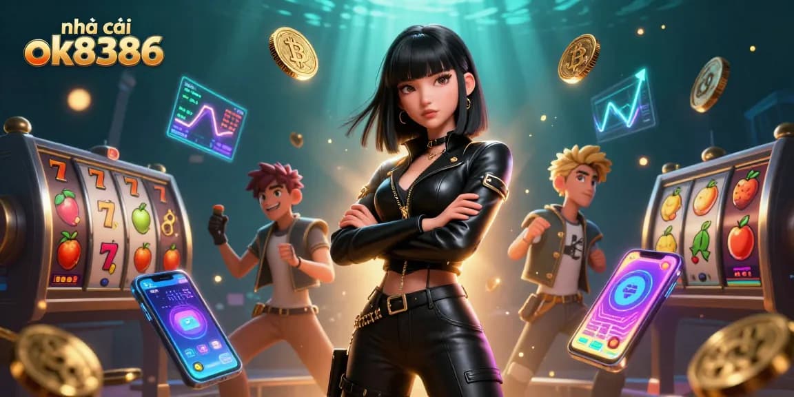 Bet on exciting games at nhà cái ok8386 with vibrant slots and jackpots in a futuristic casino.