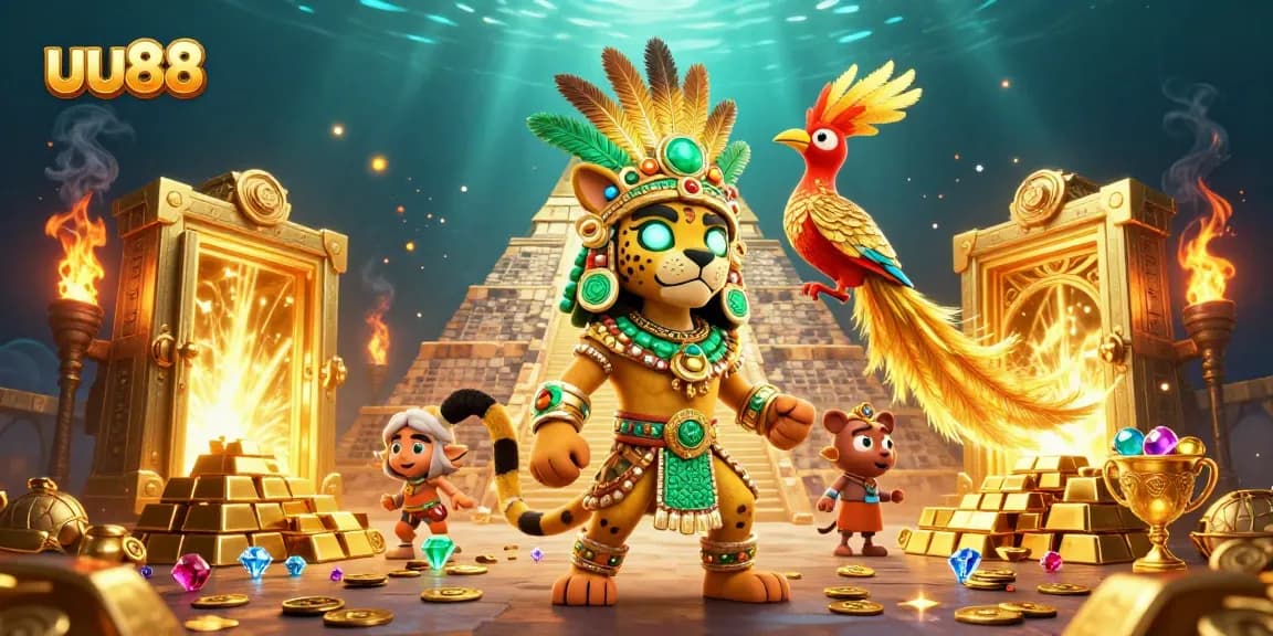 Experience the excitement with uu88's vibrant casino scene featuring rich treasures and characters.