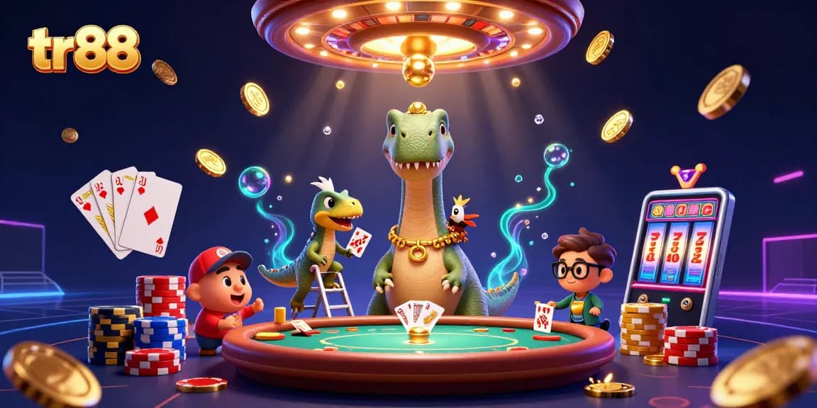 Experience thrilling action at tr88 with a captivating scene of a dinosaur and raptor in a vibrant casino atmosphere.