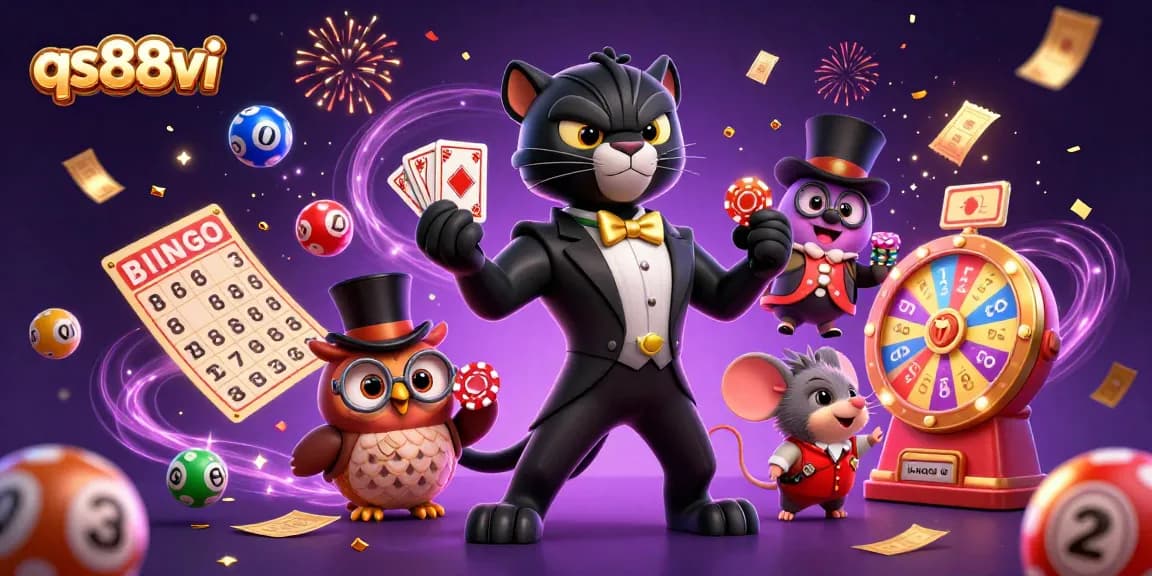 Engage with qs88vi's colorful lottery scene featuring vibrant casino elements and charming characters.