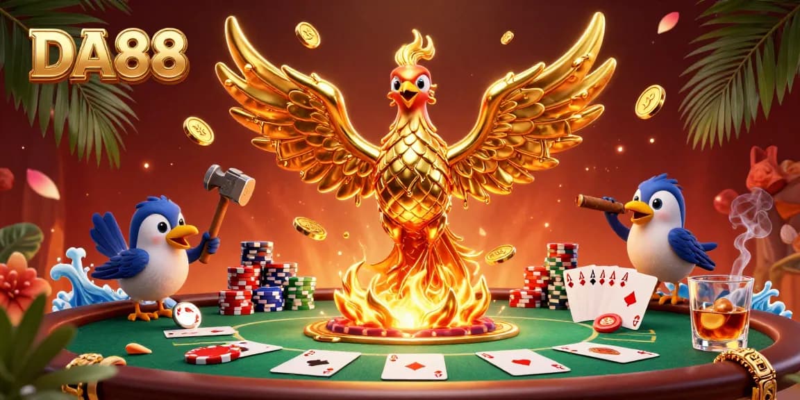 Experience DA88's thrilling poker scene featuring a molten phoenix and dynamic casino elements.