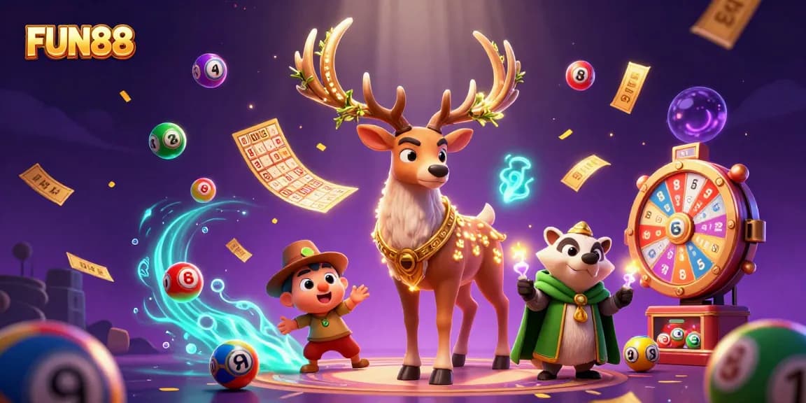 Experience thrilling wins at FUN88 with vibrant lottery elements and enchanting characters in an exciting casino scene.