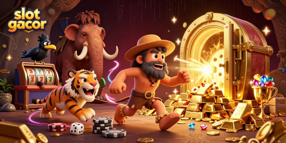 Experience the thrill of slot gacor at a prehistoric casino with playful cavemen and treasure!