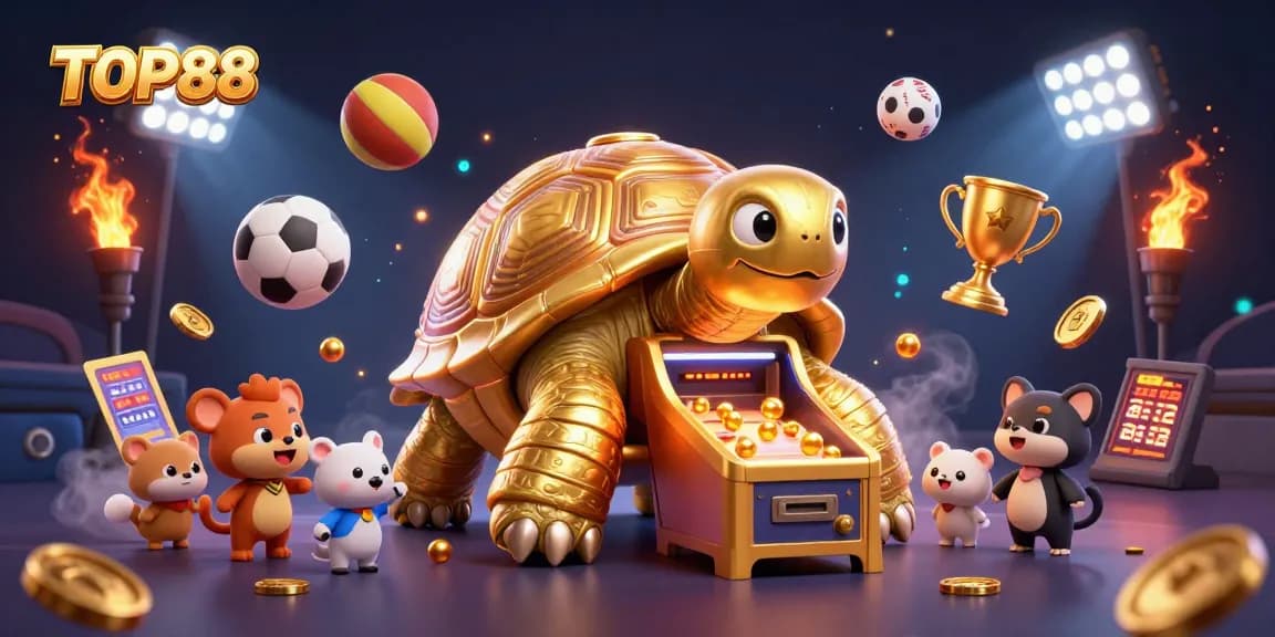 Play engaging casino games at TOP88 with a vibrant, action-packed illustration featuring golden tortoise and sports elements.