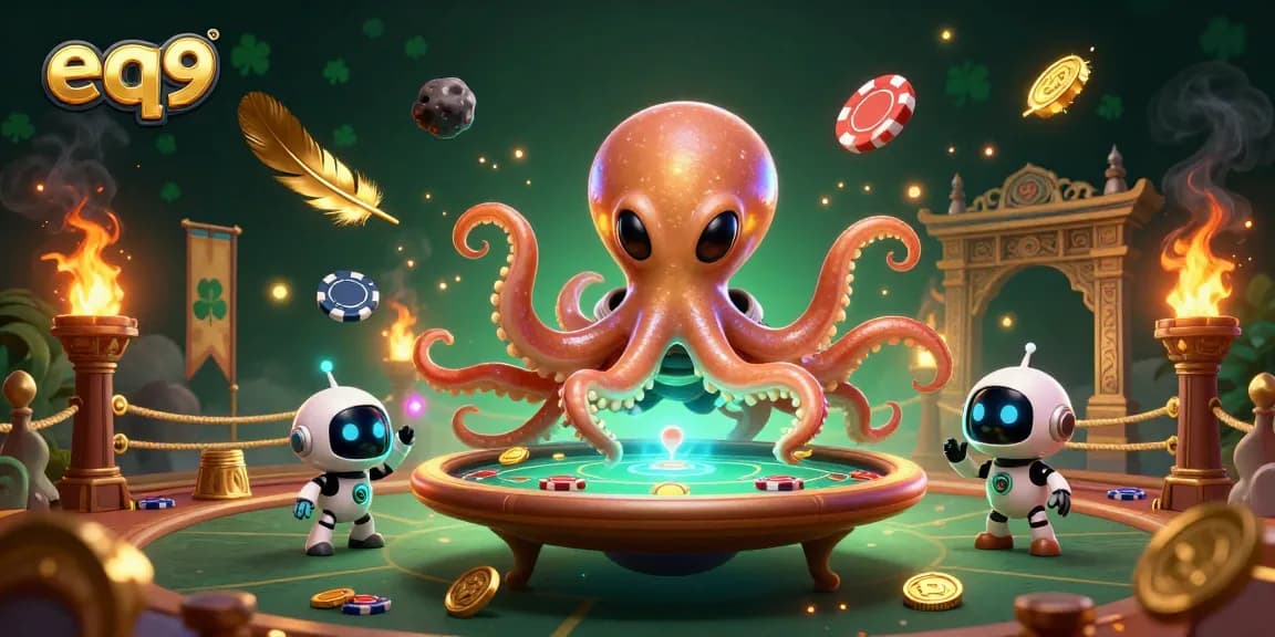 Join the excitement at eq9 with the alien octopus playing holographic poker in a vibrant digital casino!