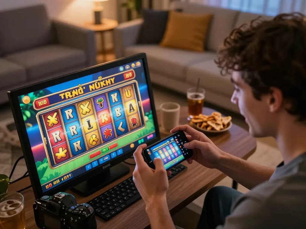 Spin the reels in exciting game nổ hũ while enjoying a cozy home atmosphere with friends and snacks