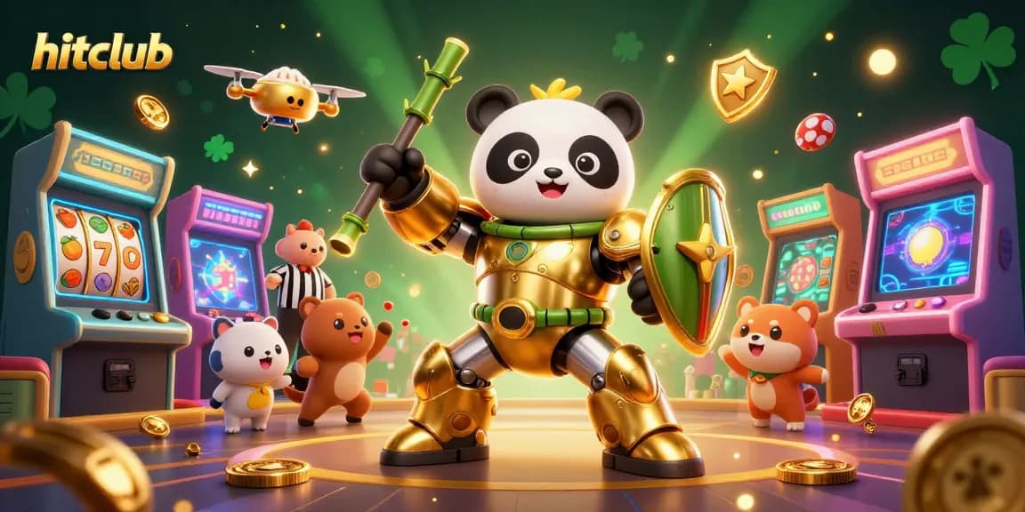 Hitclub showcases a vibrant casino scene with a golden panda character amidst dynamic gaming elements.