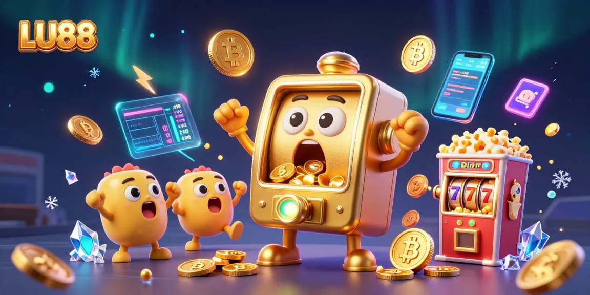 LU88's cartoon slot machine hits a jackpot, showering coins amidst a vibrant casino scene.