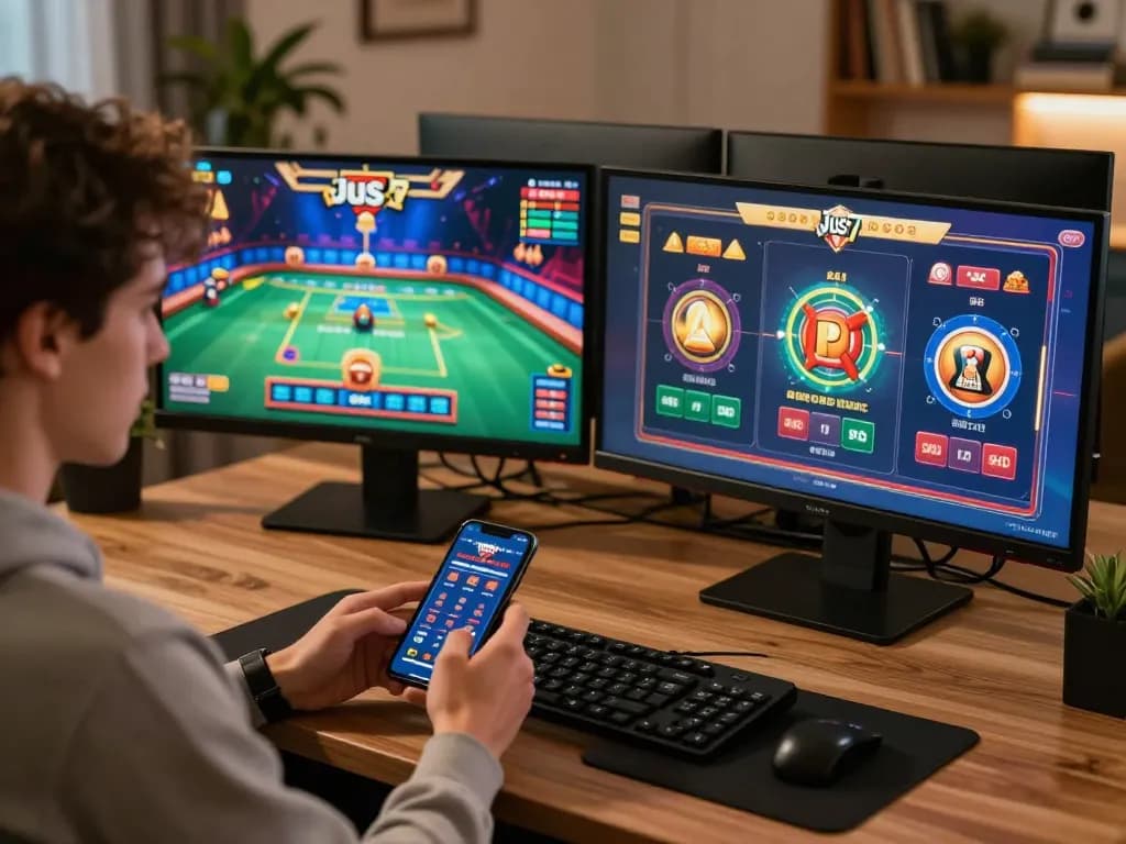 Person immersed in online gaming experience with jus77 setup on dual monitors, showcasing dynamic casino action.