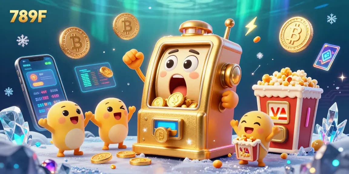 Experience the excitement of 789F as the golden slot machine hits a jackpot, surrounded by cheering baby slots and crypto elements.