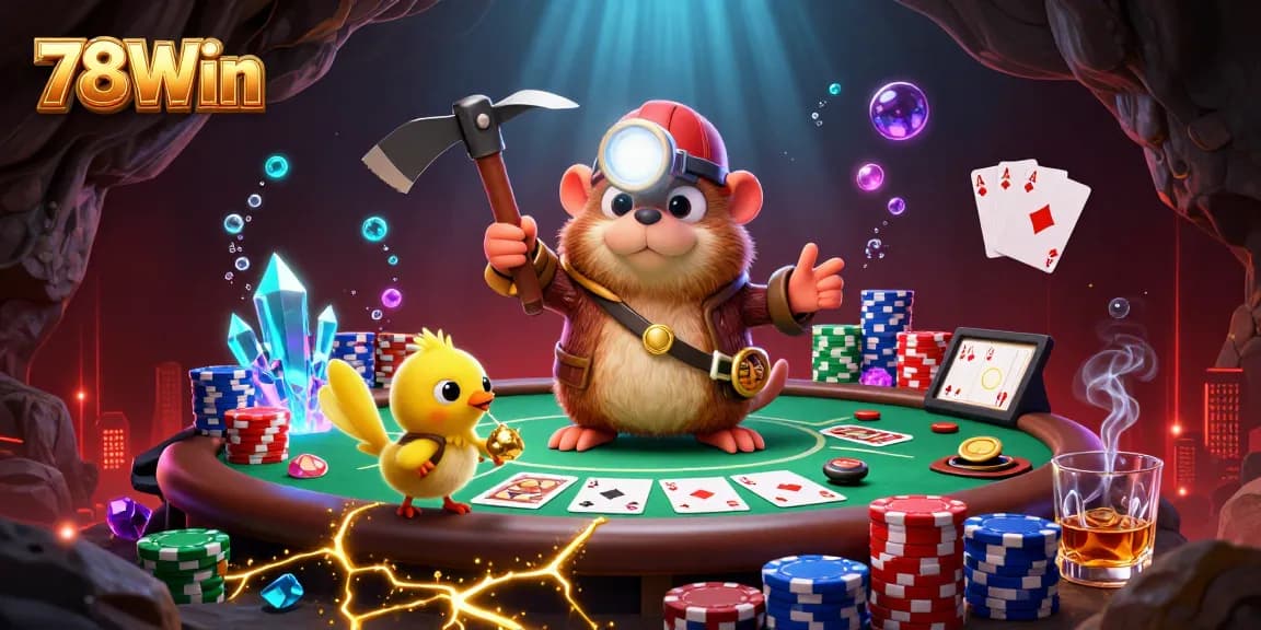 Engage with 78Win's thrilling casino adventure featuring a mole treasure hunter at a vibrant poker scene.