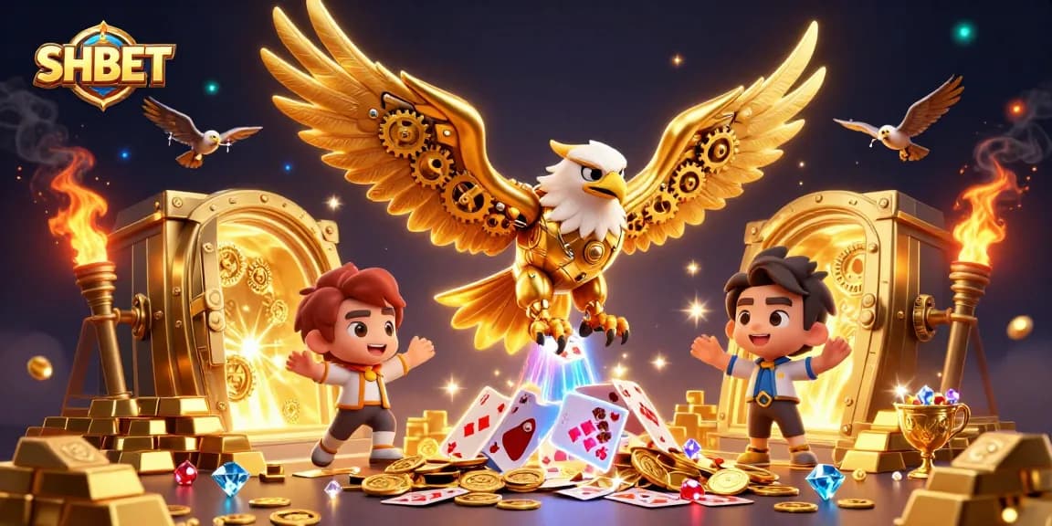 Experience the thrill of SHBET with a dynamic 3D scene showcasing a golden eagle amidst holographic cards and treasures.