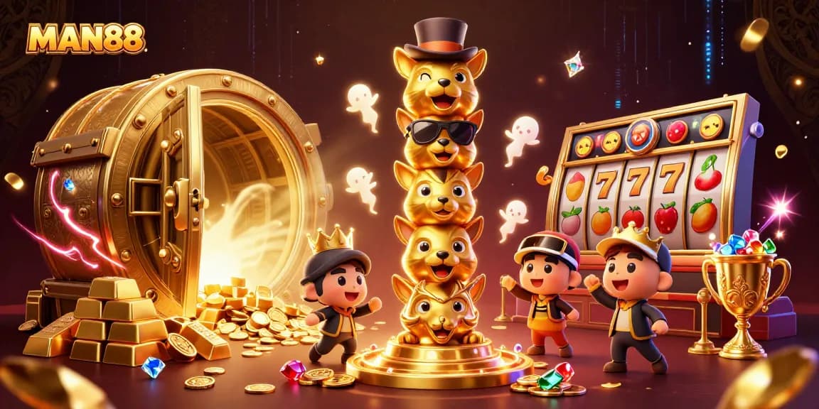 Experience the excitement of MAN88 with vibrant casino elements and golden treasures in this dynamic illustration.