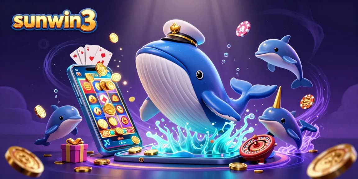 Experience exhilarating gambling with sunwin3, a lively scene featuring a whale, narwhal, and dolphins among dazzling casino elements.