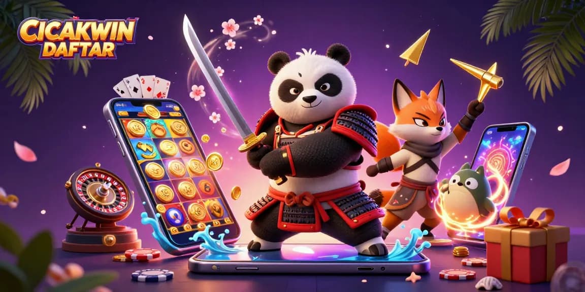 CICAKWIN DAFTAR showcases thrilling gameplay with samurai panda and ninja fox surrounded by slot games and shiny coins.