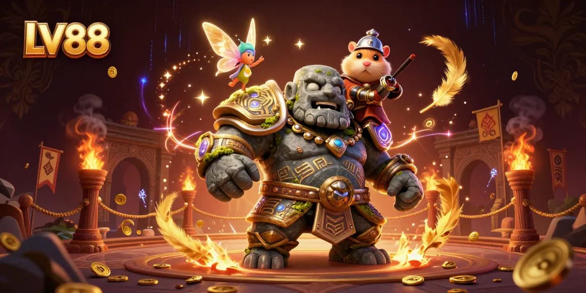 Bet on LV88's thrilling games with a magical 3D illustration of a golem and fairy.