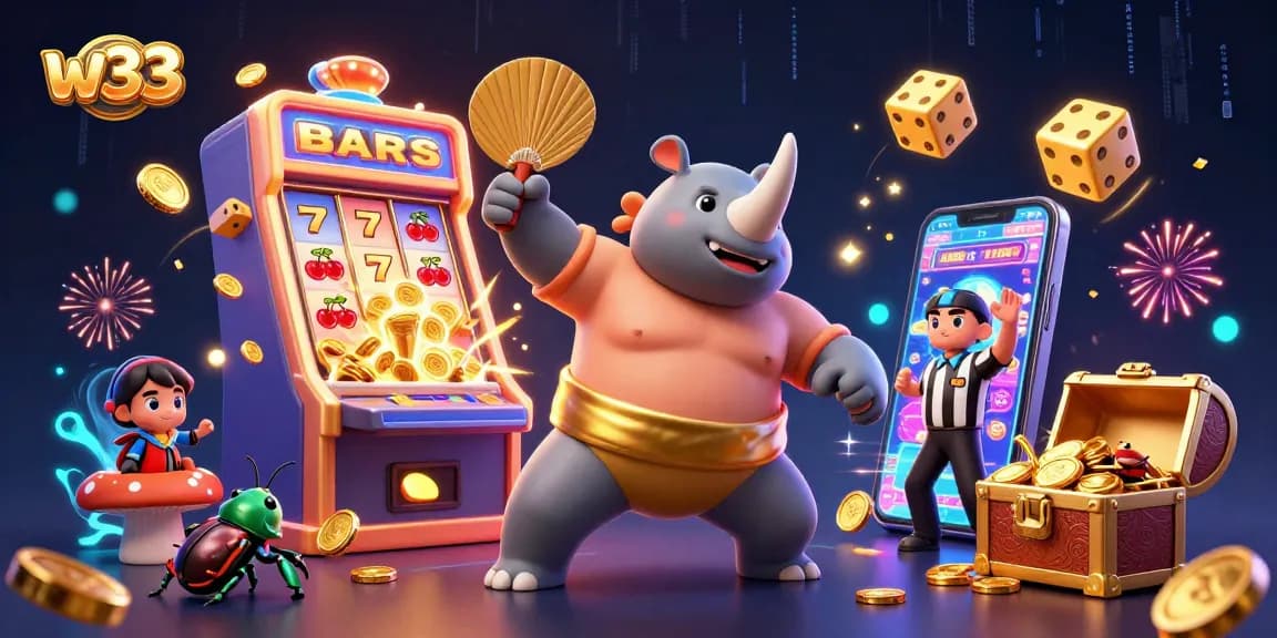 Experience thrilling w33 gaming action with vibrant, cartoon-style 3D characters and dynamic casino elements.