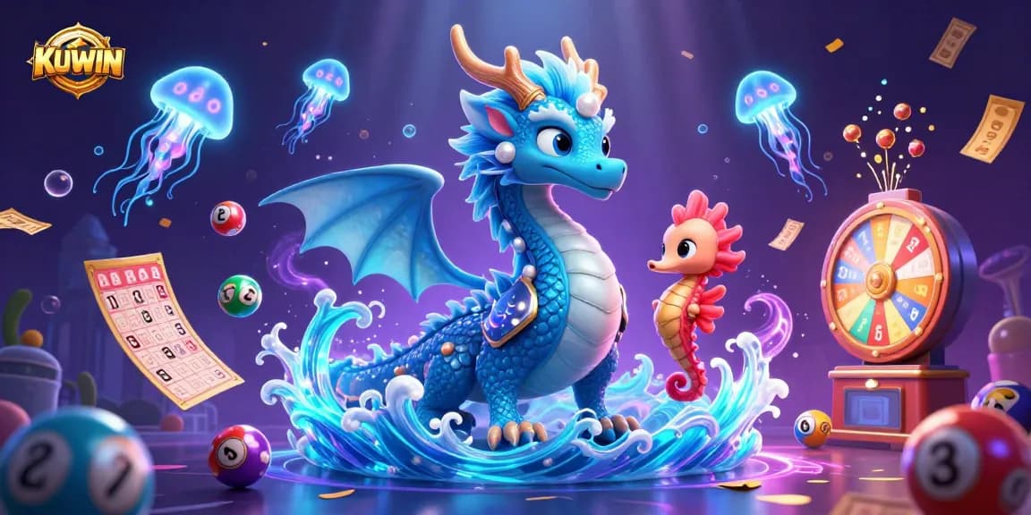 Kuwin's azure dragon leads adventurous sea characters amid vibrant casino games and prizes.