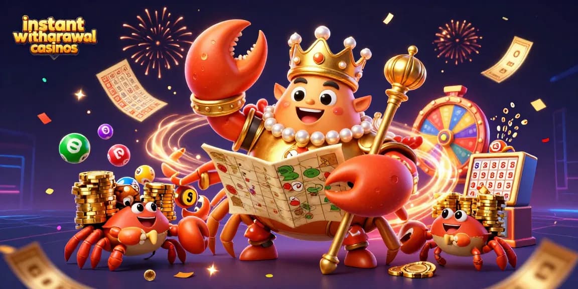Experience instant withdrawal casinos with a vibrant scene of a golden crab emperor and dynamic lottery elements.