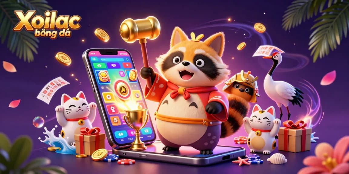 Xoilac bóng đá features a joyful tanuki, samurai crane, and waving fortune cats celebrating sports betting joyfully.