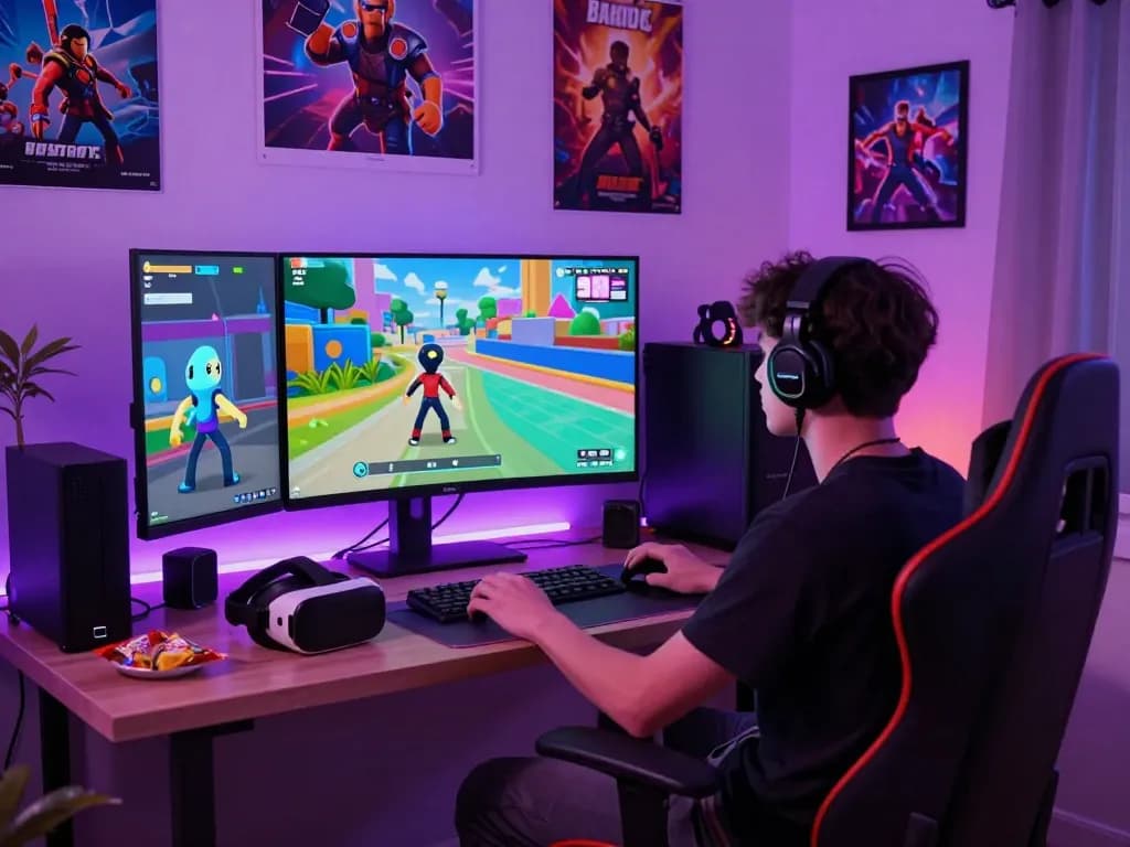 Engaging game sex experience in a futuristic gaming setup with interactive 3D elements.