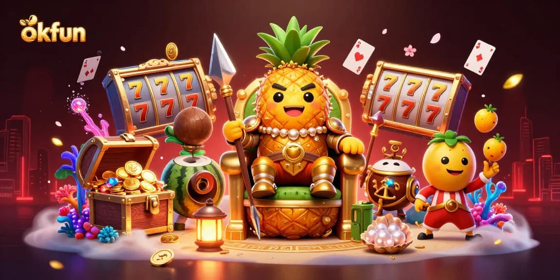 Engage in thrilling slot games at okfun with our lively 3D illustration of vibrant casino characters.
