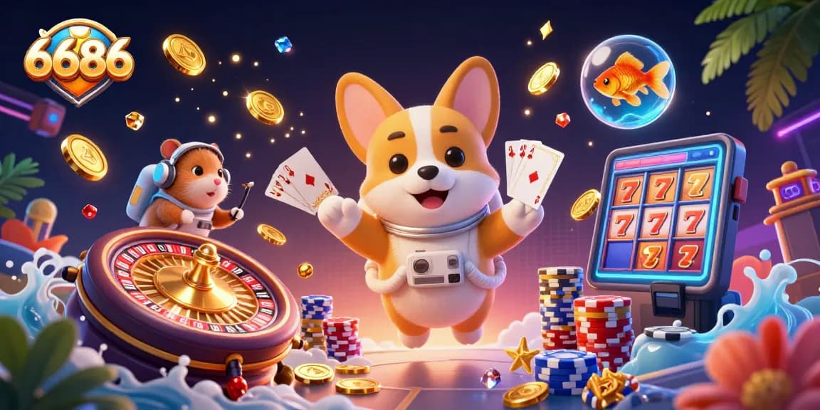 Experience the excitement of 6686 with a vibrant casino-themed illustration featuring playful characters and dynamic gaming elements.