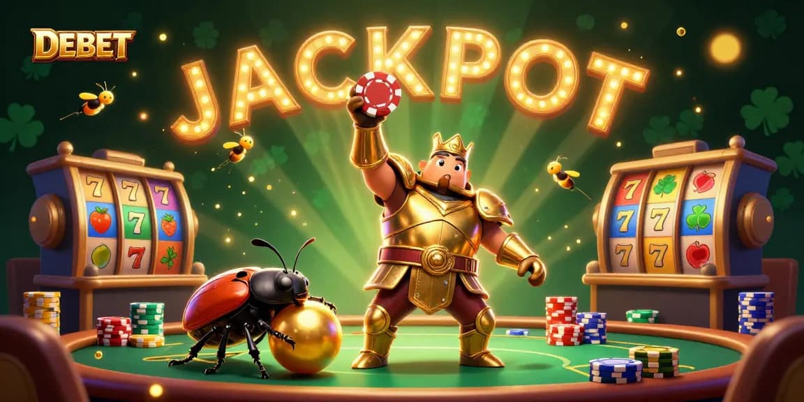 DEBET showcases thrilling jackpots with a victorious beetle and exciting casino elements in a vibrant scene.