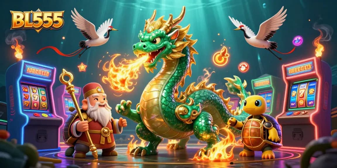Experience the casino excitement with BL555 as a jade dragon ignites flames amidst vibrant games and golden treasures.