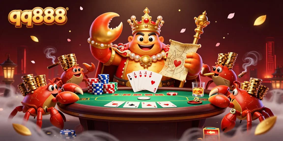 Engage with qq888 while experiencing a lavish 3D casino scene of the golden crab emperor amidst poker excitement.