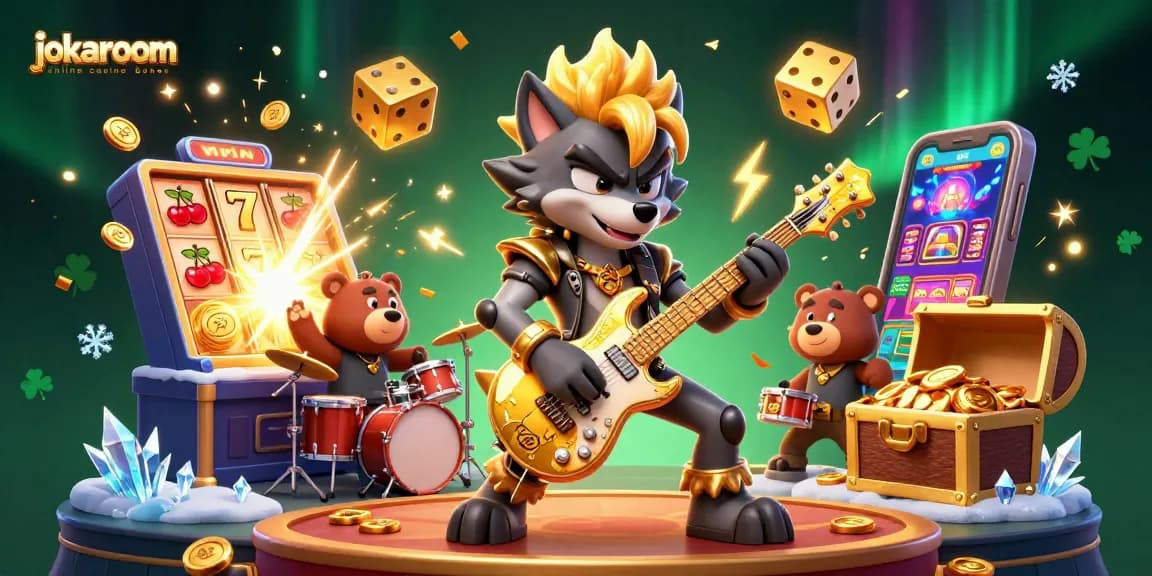 Experience the exhilarating jokaroom online casino bonus with our vibrant casino scene featuring a rock star wolf.