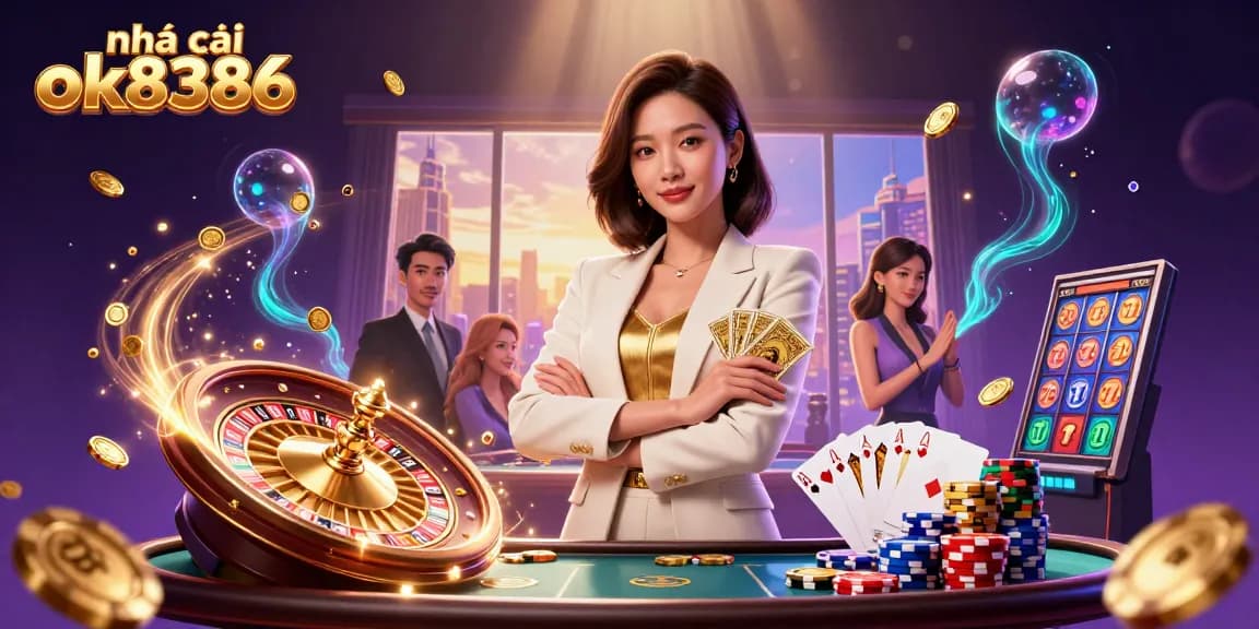 Engage with nhà cái ok8386, featuring a glamorous Asian businesswoman and dynamic gambling elements in a vibrant casino scene.